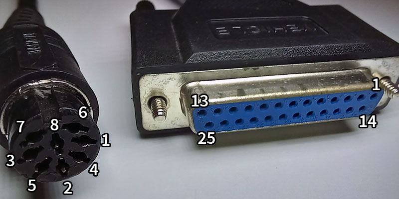 Image of DIN-8 and DB-25 connectors with pin numbers
